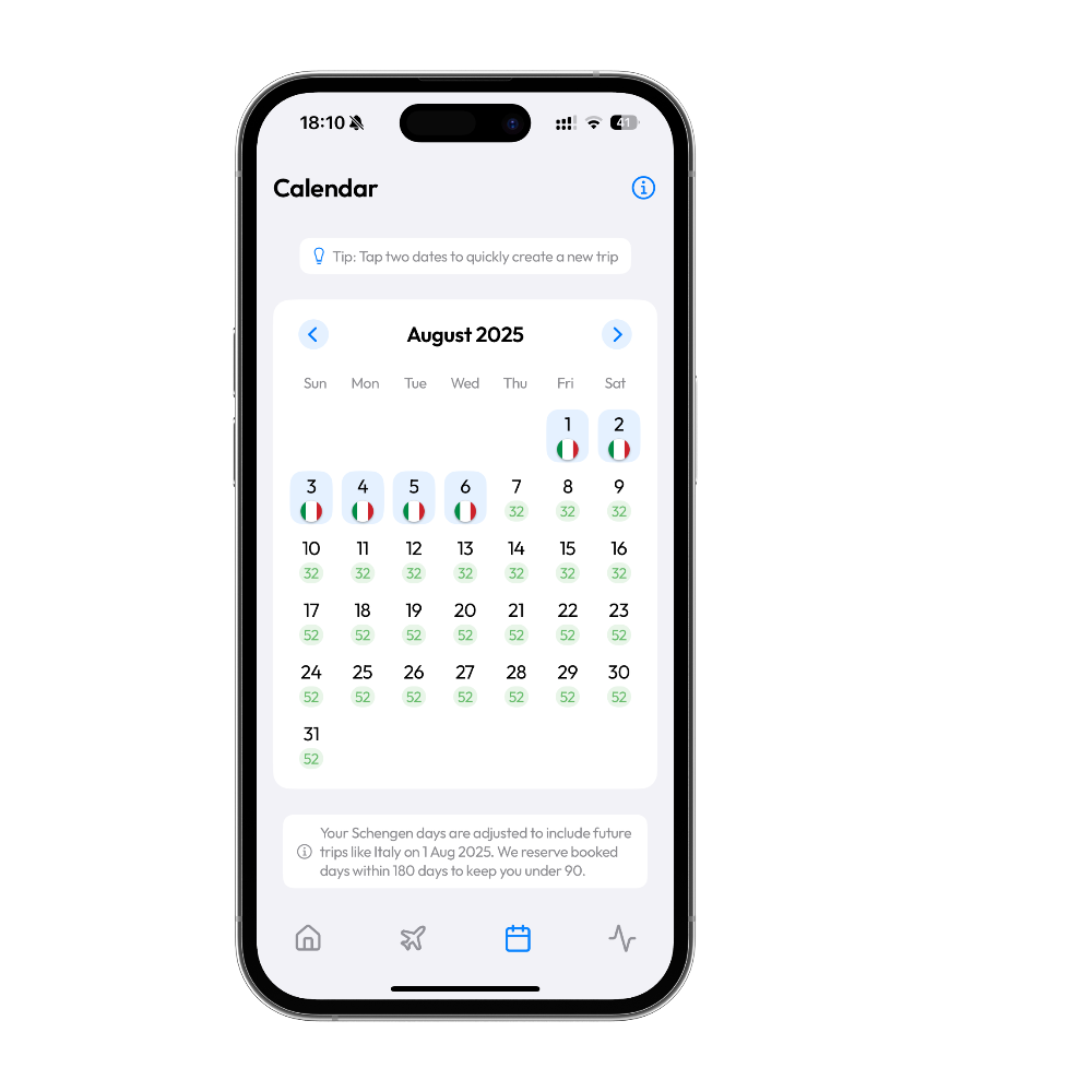 Calendar view with trip markers