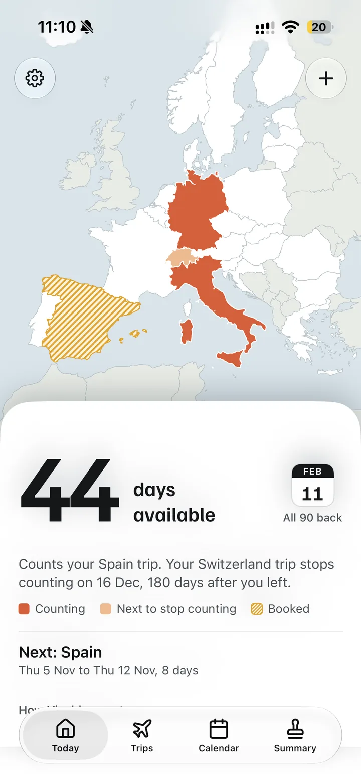 Visably's Today screen: a map of Europe with trips marked, and 44 days available